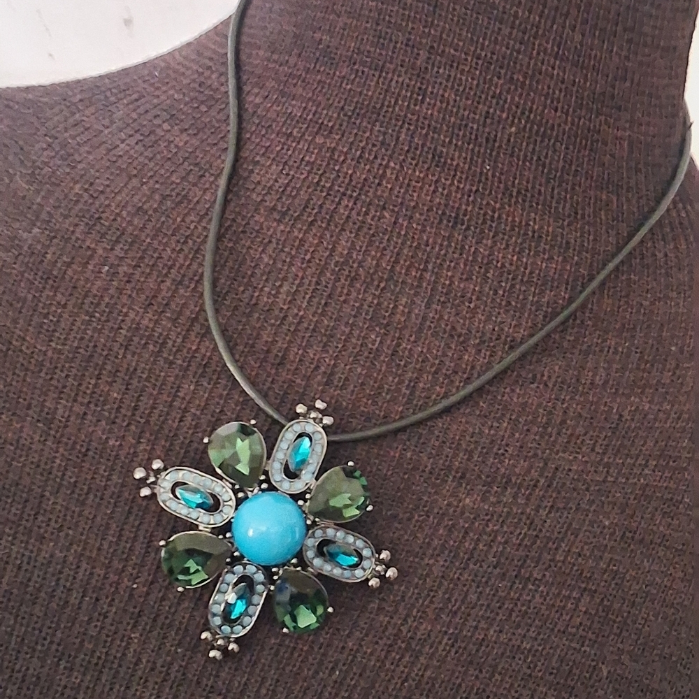 Lia Sophia Blue and Green Pendant Necklace On Black Cord - Picture 3 of 11